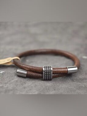 Brown Double Leather Men's Bracelet with Stainless Accents